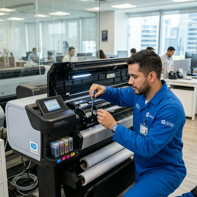 Técnico corporativo trabajando con cabezal plotter